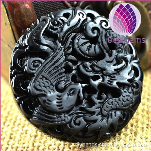 45x10mm black dragon phoenix obsidian pendant